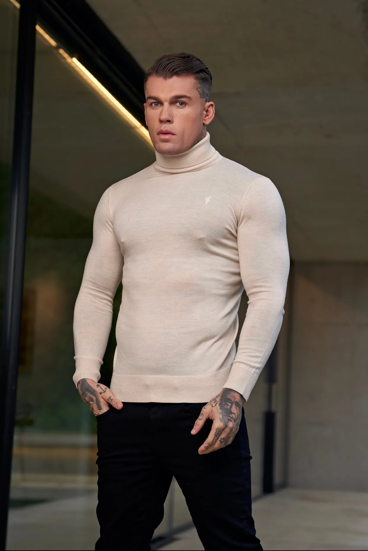 Father Sons Classic Beige Roll Neck Merino Wool Knitted Sweater With FS Embroidery - FSN012 sold by Father Sons product image thumbnail 2