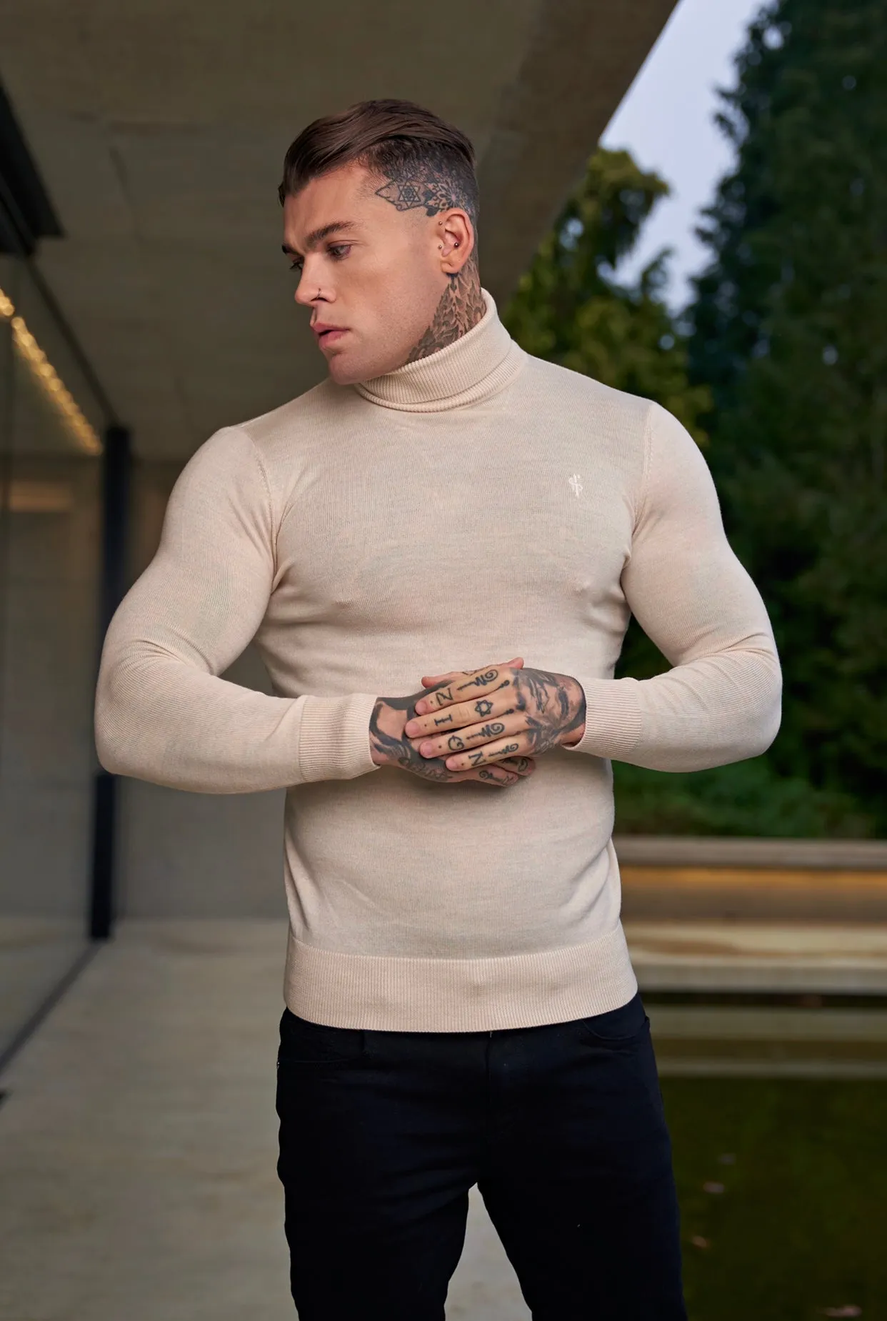 Father Sons Classic Beige Roll Neck Merino Wool Knitted Sweater With FS Embroidery - FSN012 sold by Father Sons product image thumbnail 4