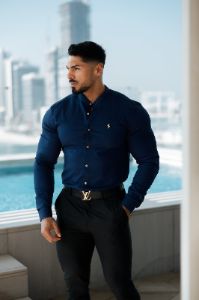 Father Sons Super Slim Stretch Navy Denim Long Sleeve Grandad collar with Metal Buttons and Decal Emblem - FS713 sold by Father Sons