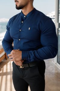 Father Sons Super Slim Stretch Navy Denim Long Sleeve Grandad collar with Metal Buttons and Decal Emblem - FS713 sold by Father Sons
