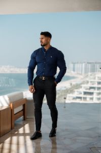 Father Sons Super Slim Stretch Navy Denim Long Sleeve Grandad collar with Metal Buttons and Decal Emblem - FS713 sold by Father Sons