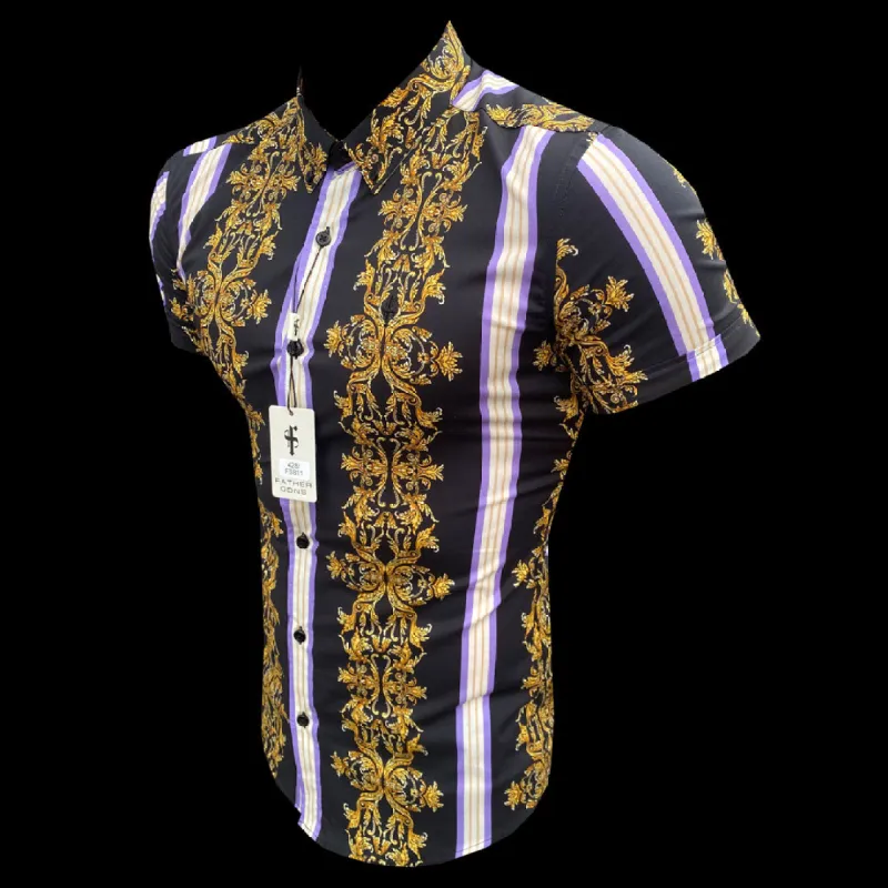 Father Sons Super Slim Stretch Black / Gold / Purple Stripe Short Sleeve with Button Down Collar - FS811 sold by Father Sons