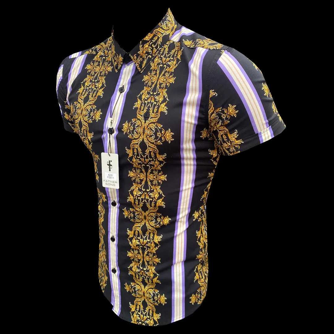 Father Sons Super Slim Stretch Black / Gold / Purple Stripe Short Sleeve with Button Down Collar - FS811 sold by Father Sons