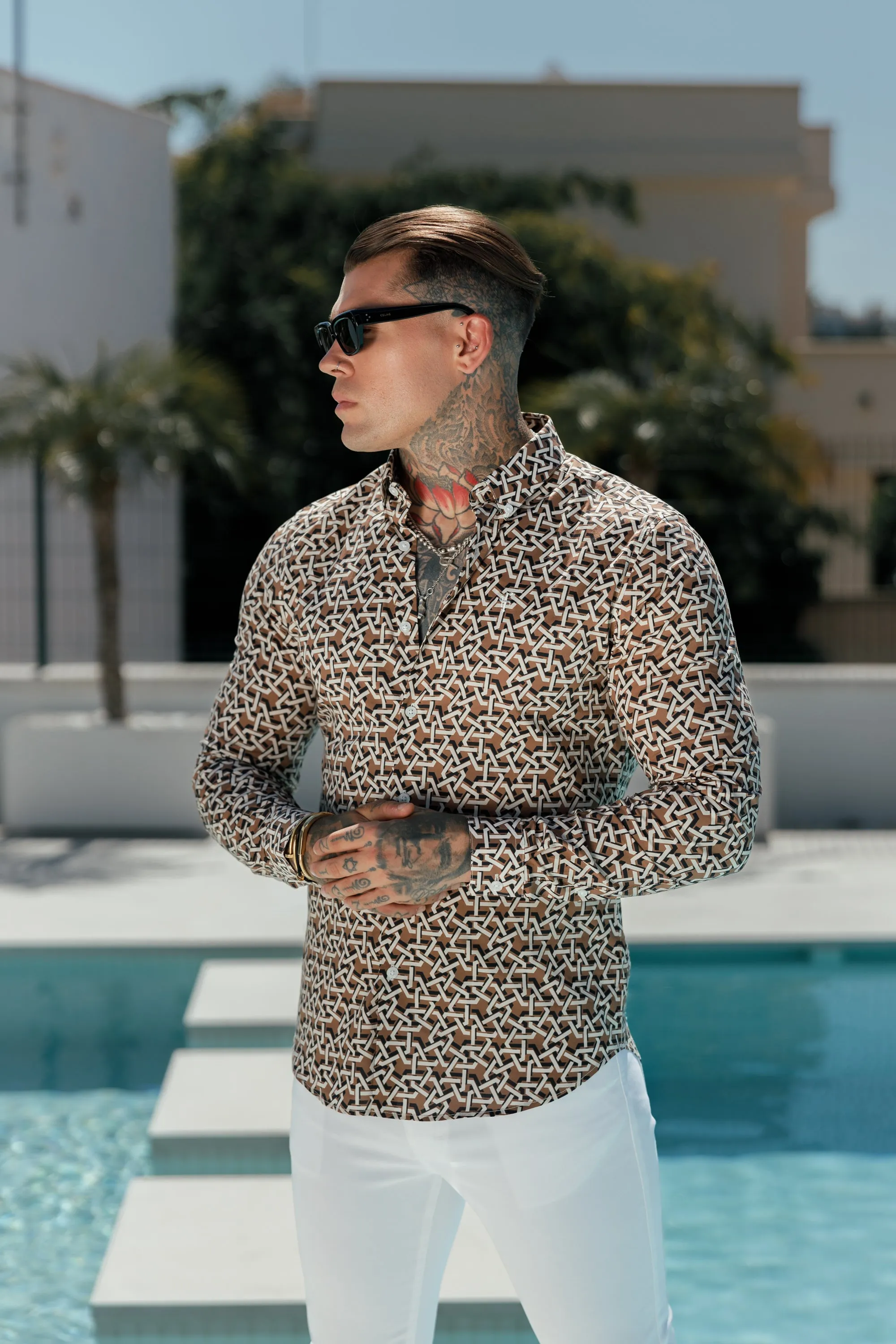 Classic Stretch LS Beige Abstract Link Print Button Down Collar - FS1101 sold by Father Sons product image thumbnail 2