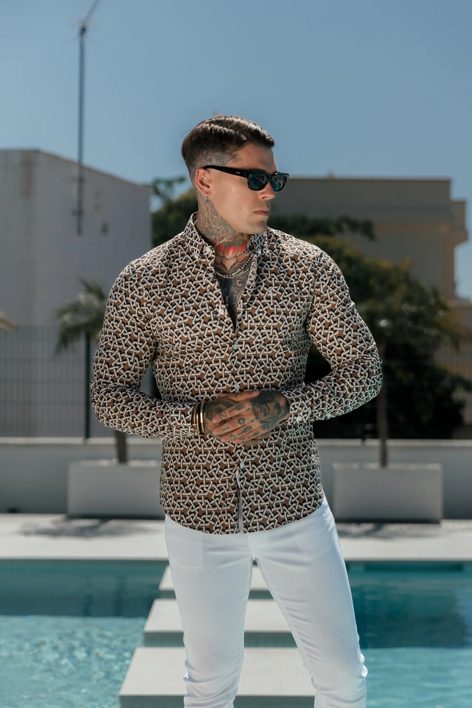 Classic Stretch LS Beige Abstract Link Print Button Down Collar - FS1101 sold by Father Sons product image thumbnail 4