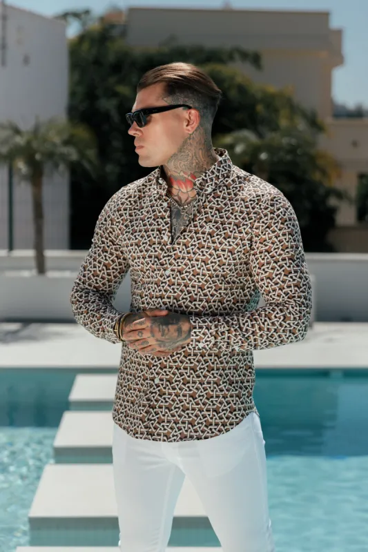 Classic Stretch LS Beige Abstract Link Print Button Down Collar - FS1101 sold by Father Sons