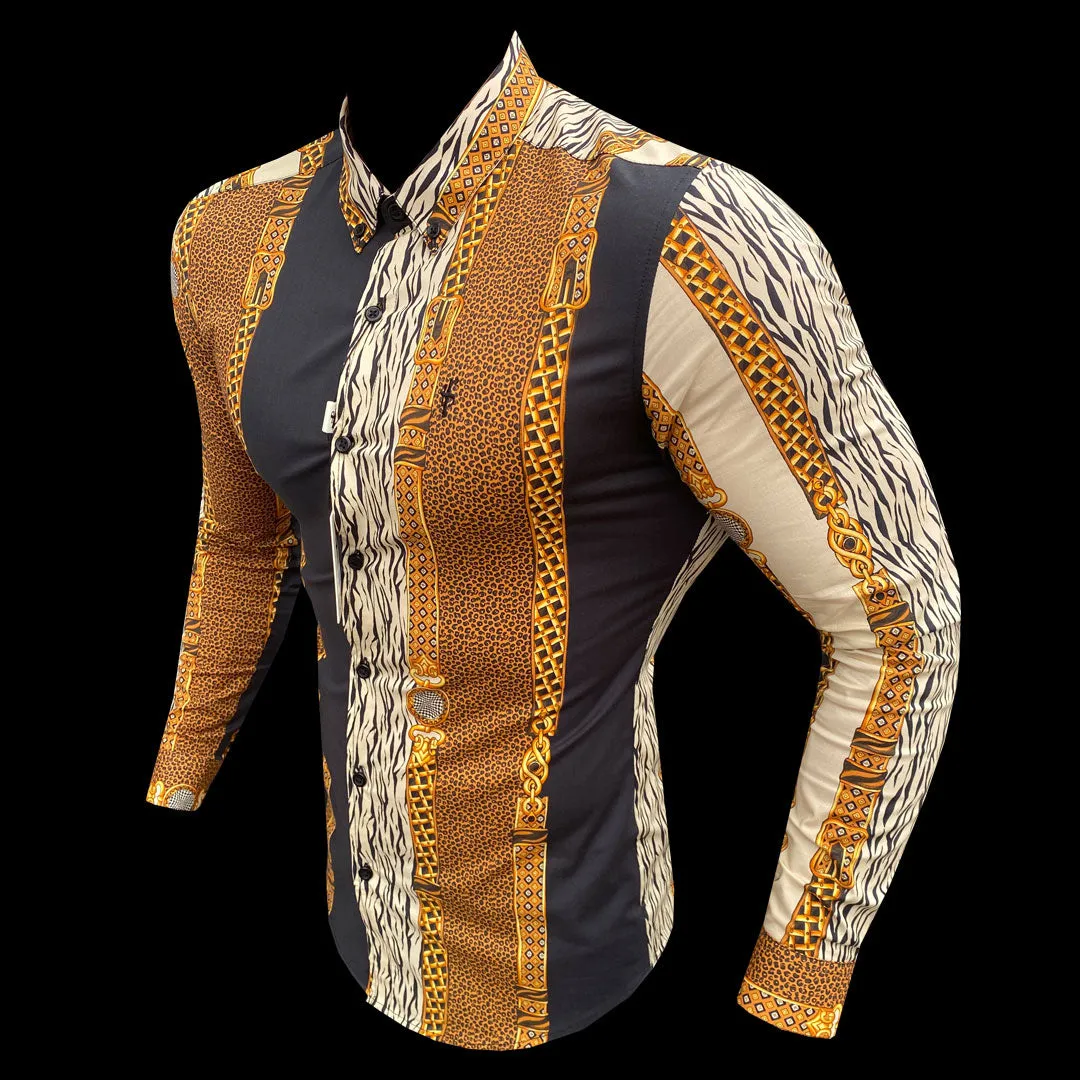 Father Sons Super Slim Stretch Black Animal Chain Print Long Sleeve with Button Down Collar - FS814 sold by Father Sons