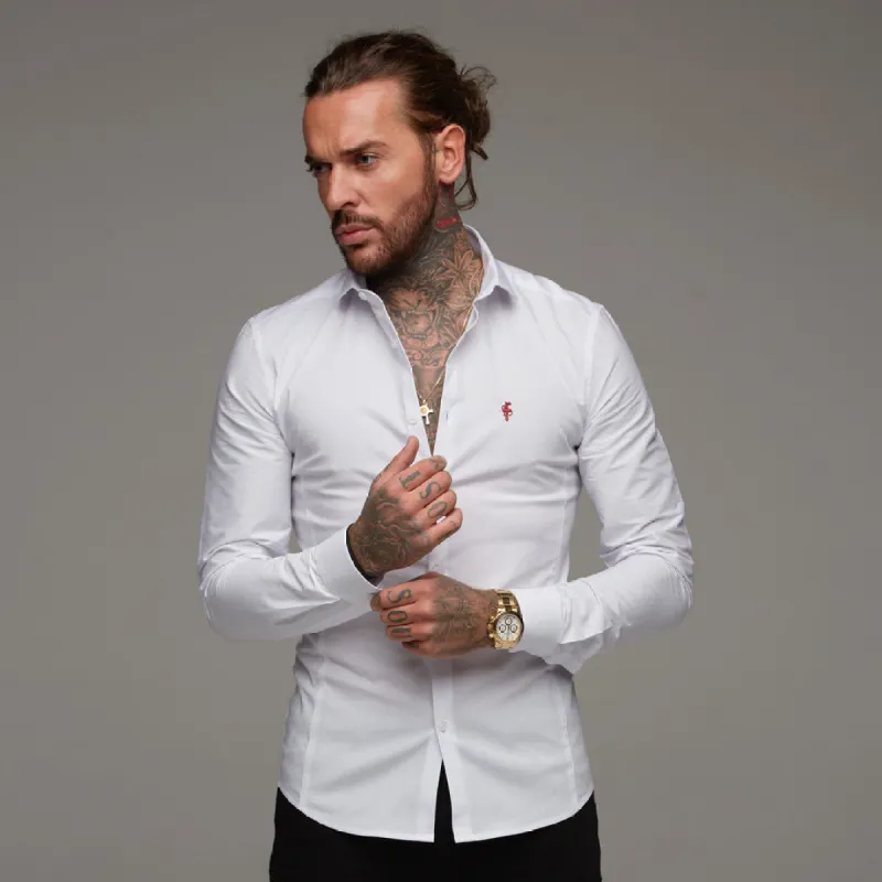 Father Sons Super Slim Stretch Classic White Panel Shirt (Burgundy embroidery) - FS316 (LAST CHANCE) sold by Father Sons