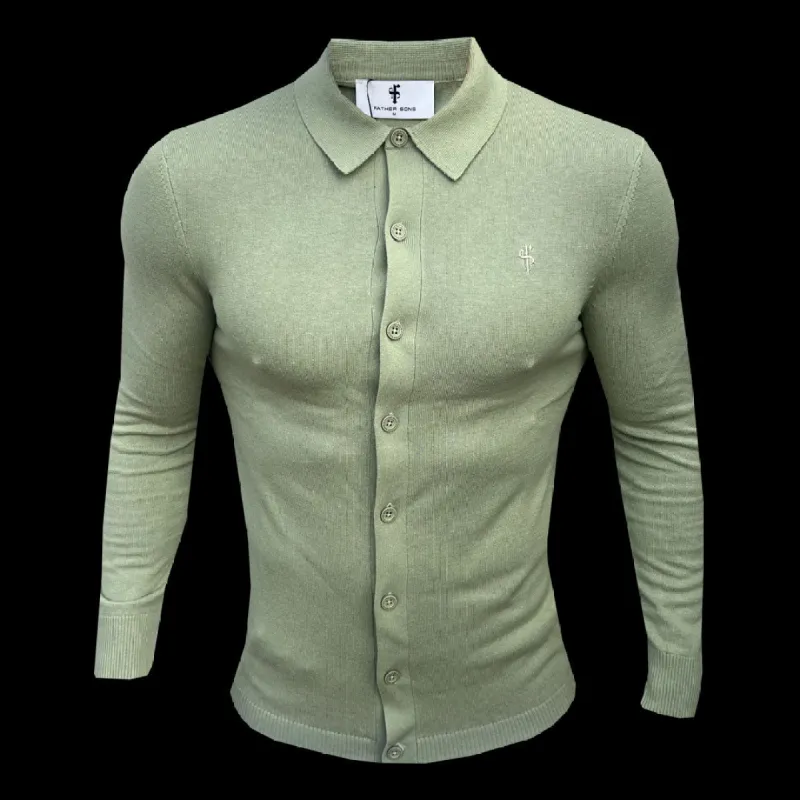 Father Sons Classic Plain Olive Knitted Button Through Polo Long Sleeve - FSN170 sold by Father Sons