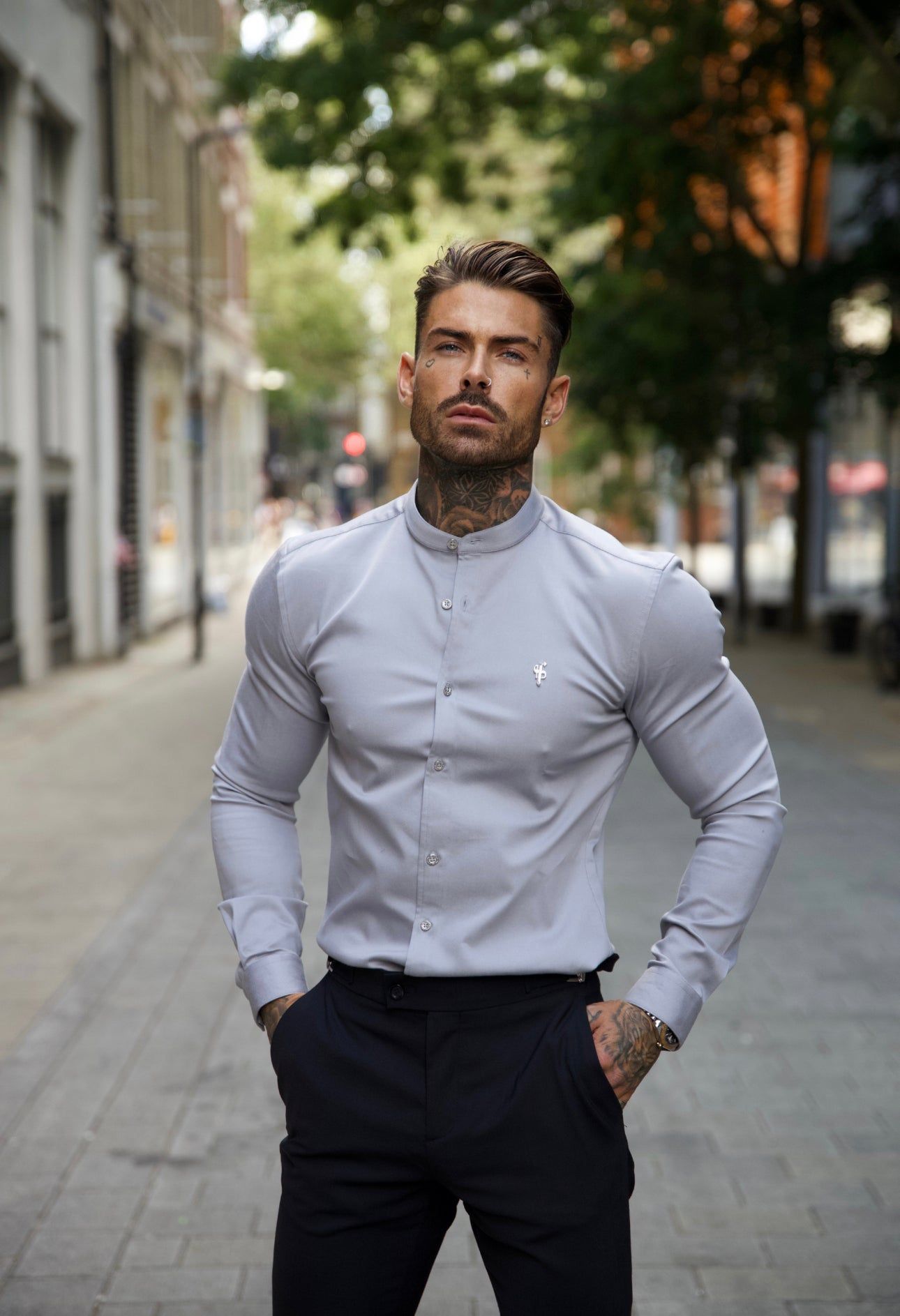 Father Sons Super Slim Stretch Grey Denim Long Sleeve With Grandad Collar and Silver Metal Buttons and Decal - FS962 sold by Father Sons product image thumbnail 2