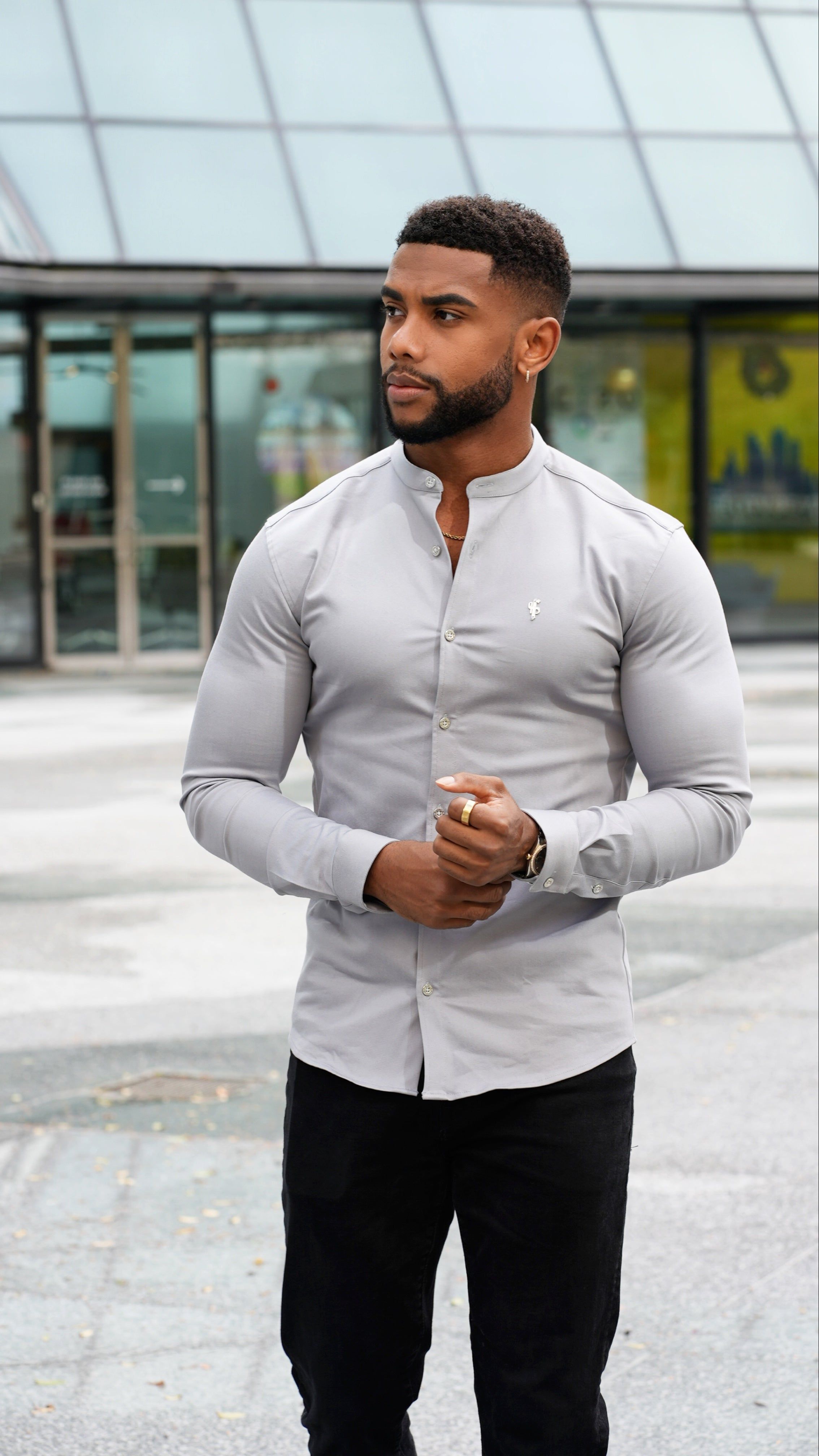 Father Sons Super Slim Stretch Grey Denim Long Sleeve With Grandad Collar and Silver Metal Buttons and Decal - FS962 sold by Father Sons