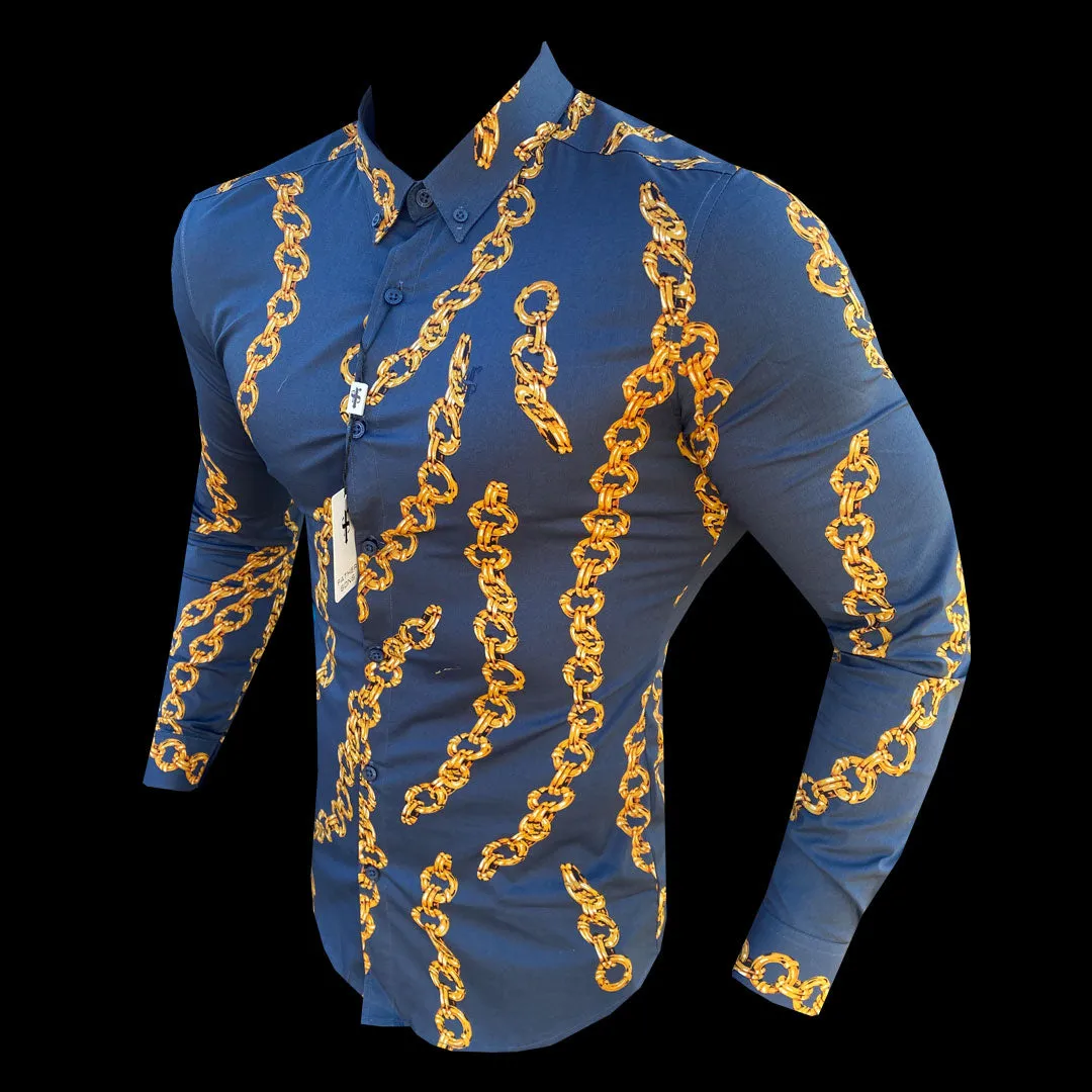 Father Sons Super Slim Stretch Airforce Blue / Gold Chain Print Long Sleeve with Button Down Collar - FS859 sold by Father Sons