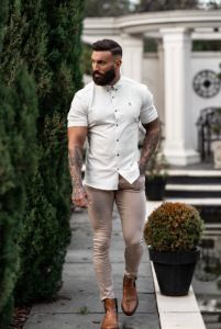 Father Sons Super Slim Stretch Cream Denim Short Sleeve with Metal Decal Emblem - FS645 sold by Father Sons