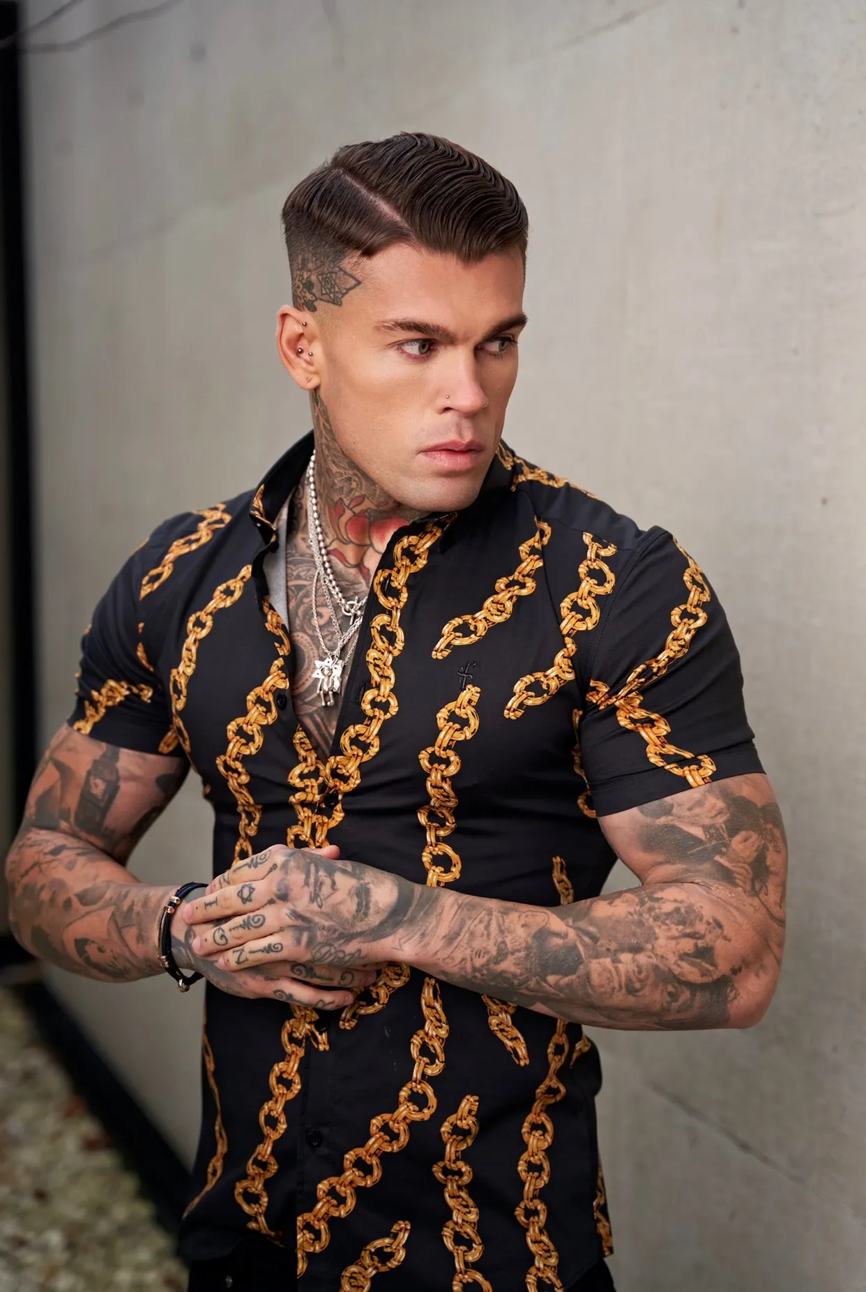 Father Sons Super Slim Stretch Black / Gold Chain Print Short Sleeve with Button Down Collar - FS857 sold by Father Sons product image thumbnail 4