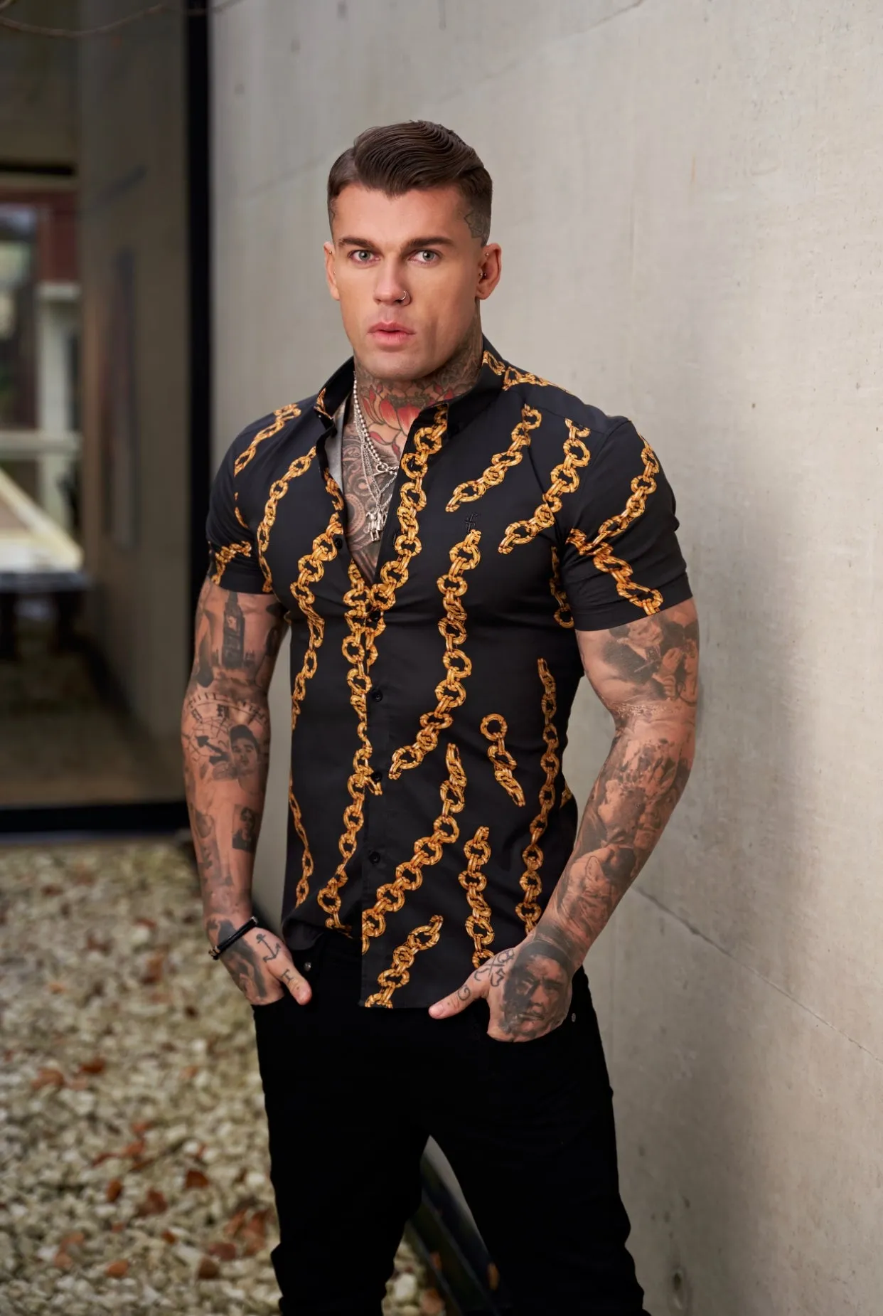 Father Sons Super Slim Stretch Black / Gold Chain Print Short Sleeve with Button Down Collar - FS857 sold by Father Sons