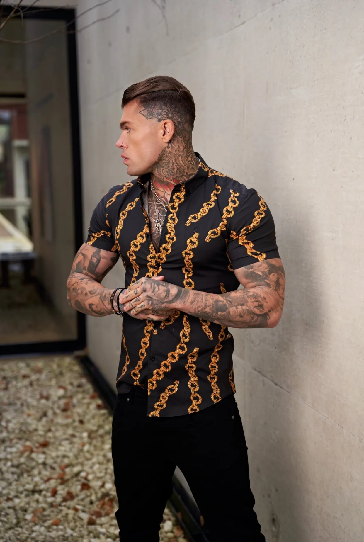 Father Sons Super Slim Stretch Black / Gold Chain Print Short Sleeve with Button Down Collar - FS857 sold by Father Sons product image thumbnail 5