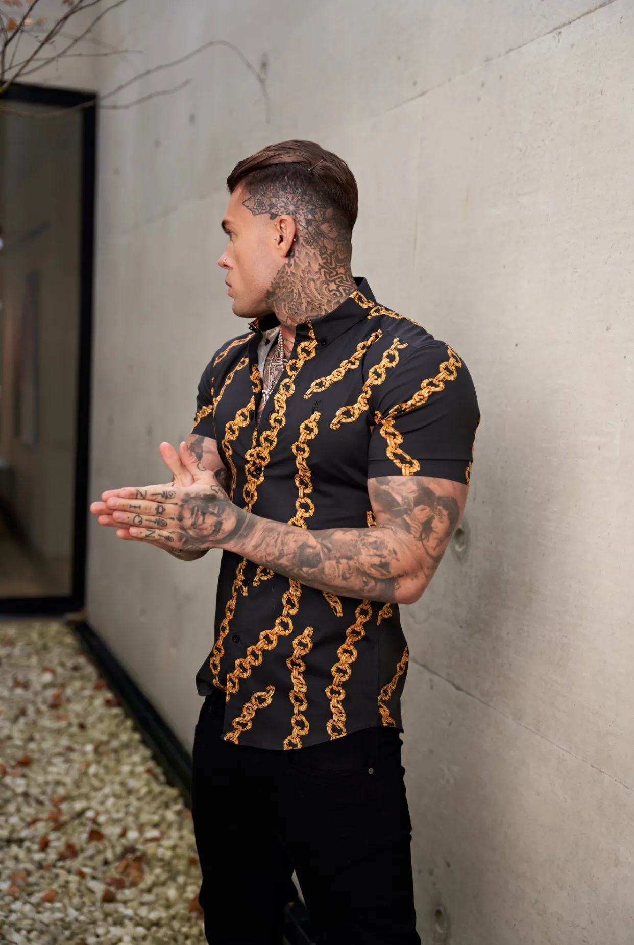 Father Sons Super Slim Stretch Black / Gold Chain Print Short Sleeve with Button Down Collar - FS857 sold by Father Sons product image thumbnail 2