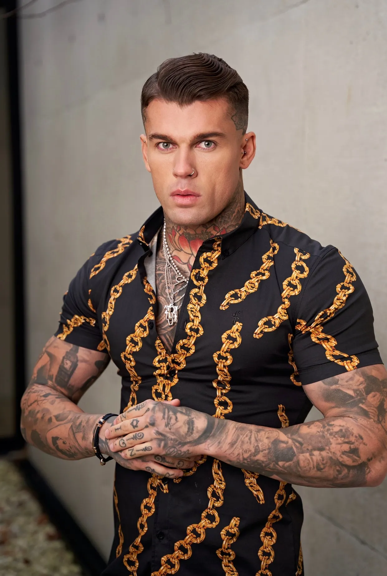 Father Sons Super Slim Stretch Black / Gold Chain Print Short Sleeve with Button Down Collar - FS857 sold by Father Sons product image thumbnail 3