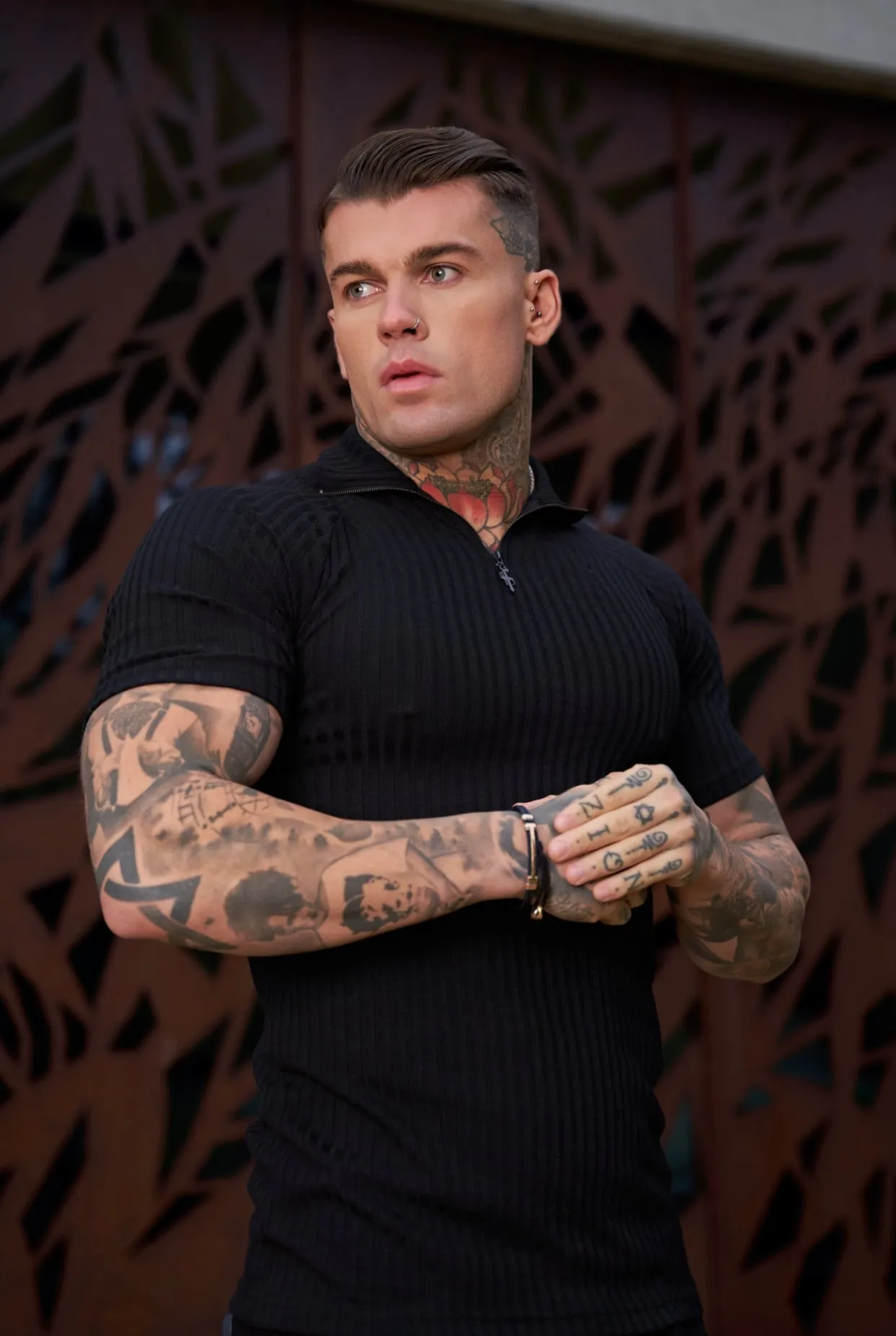 Father Sons Classic Black Ribbed Zip Funnel Neck Raglan Short Sleeve Crew - FSH729 sold by Father Sons product image thumbnail 2