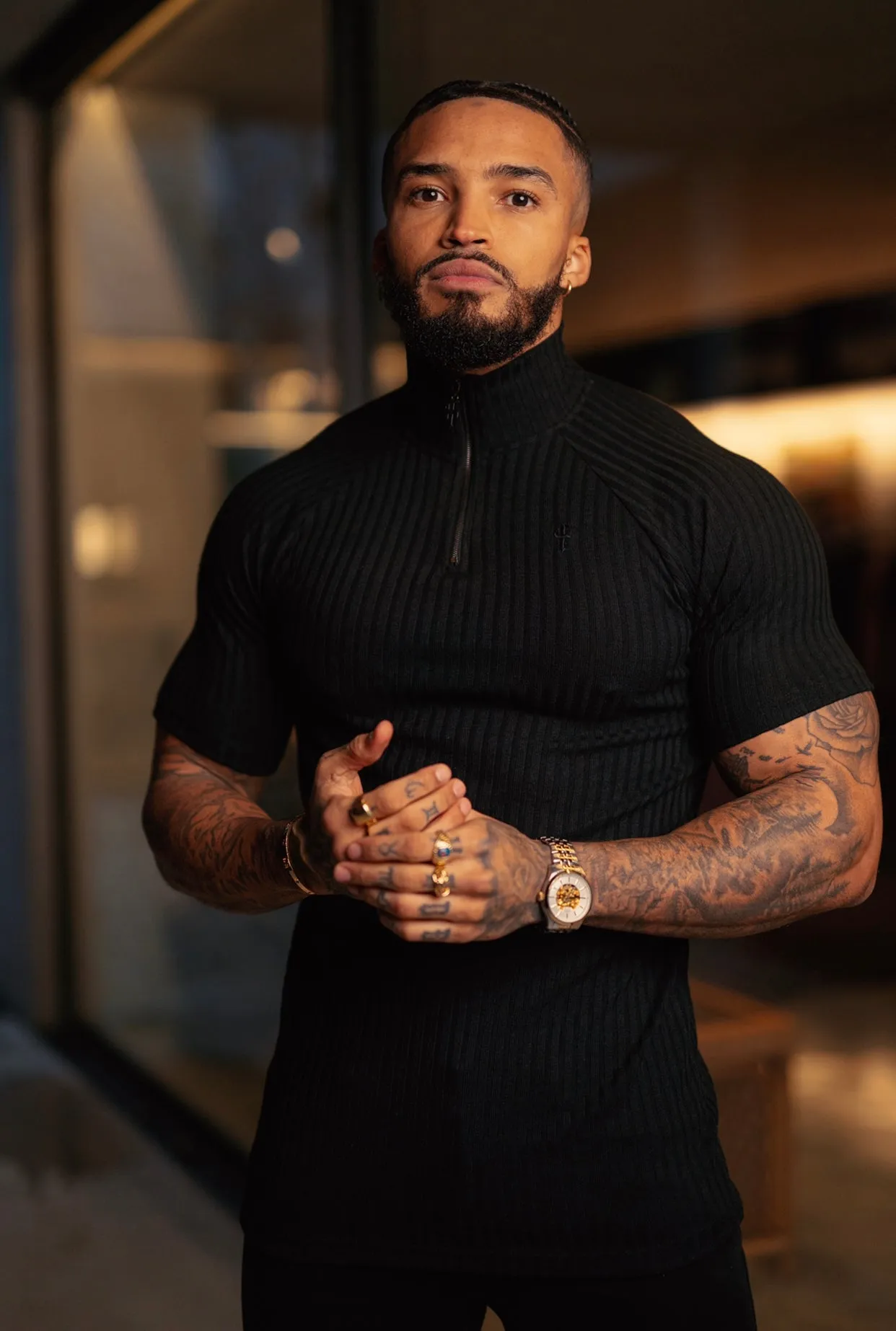 Father Sons Classic Black Ribbed Zip Funnel Neck Raglan Short Sleeve Crew - FSH729 sold by Father Sons product image thumbnail 4