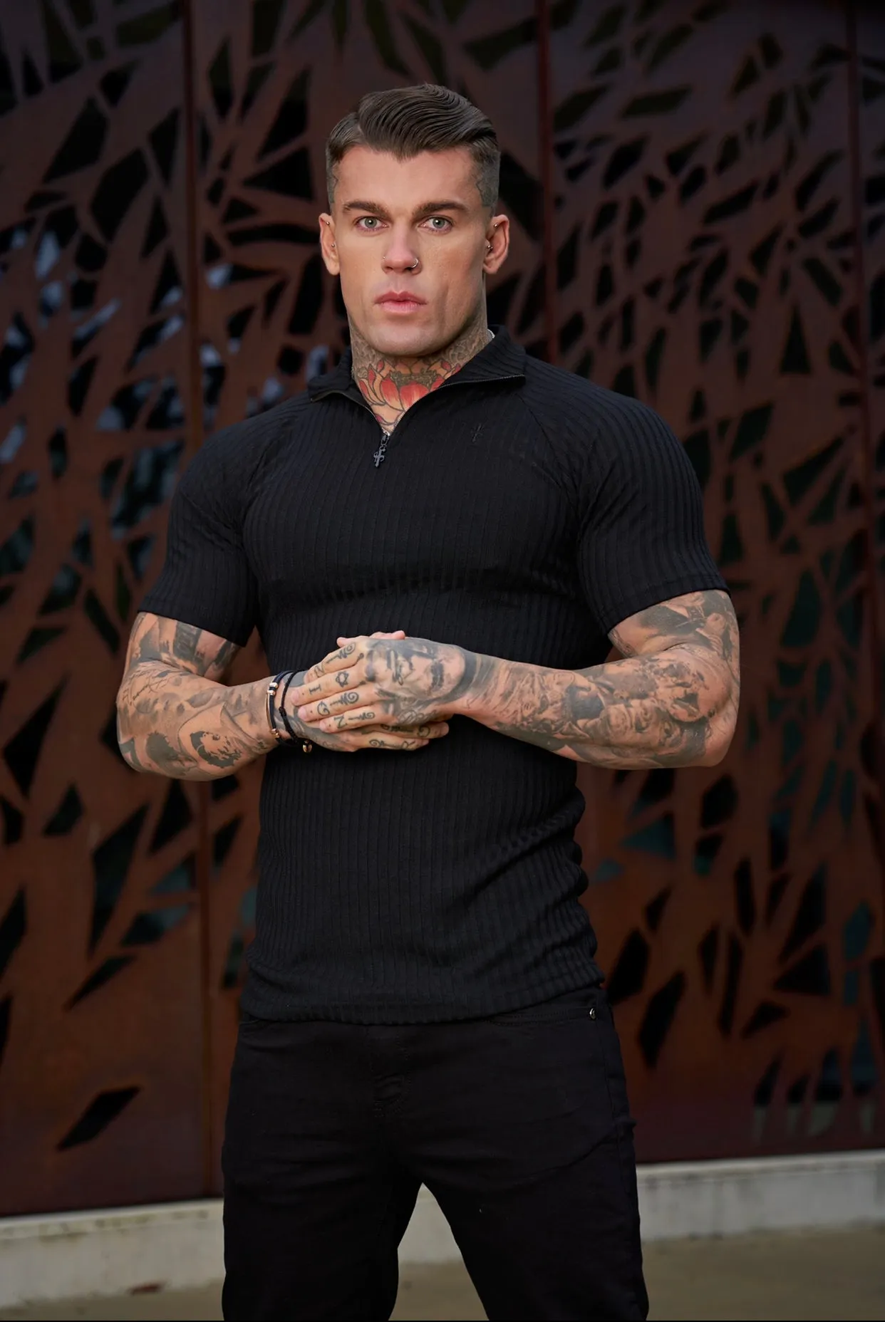 Father Sons Classic Black Ribbed Zip Funnel Neck Raglan Short Sleeve Crew - FSH729 sold by Father Sons