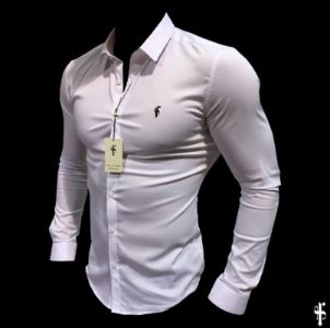 Father Sons Super Slim Stretch Classic White Shirt (Black Embroidery) - FS516 sold by Father Sons
