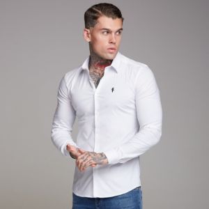 Father Sons Super Slim Stretch Classic White Shirt (Black Embroidery) - FS516 sold by Father Sons