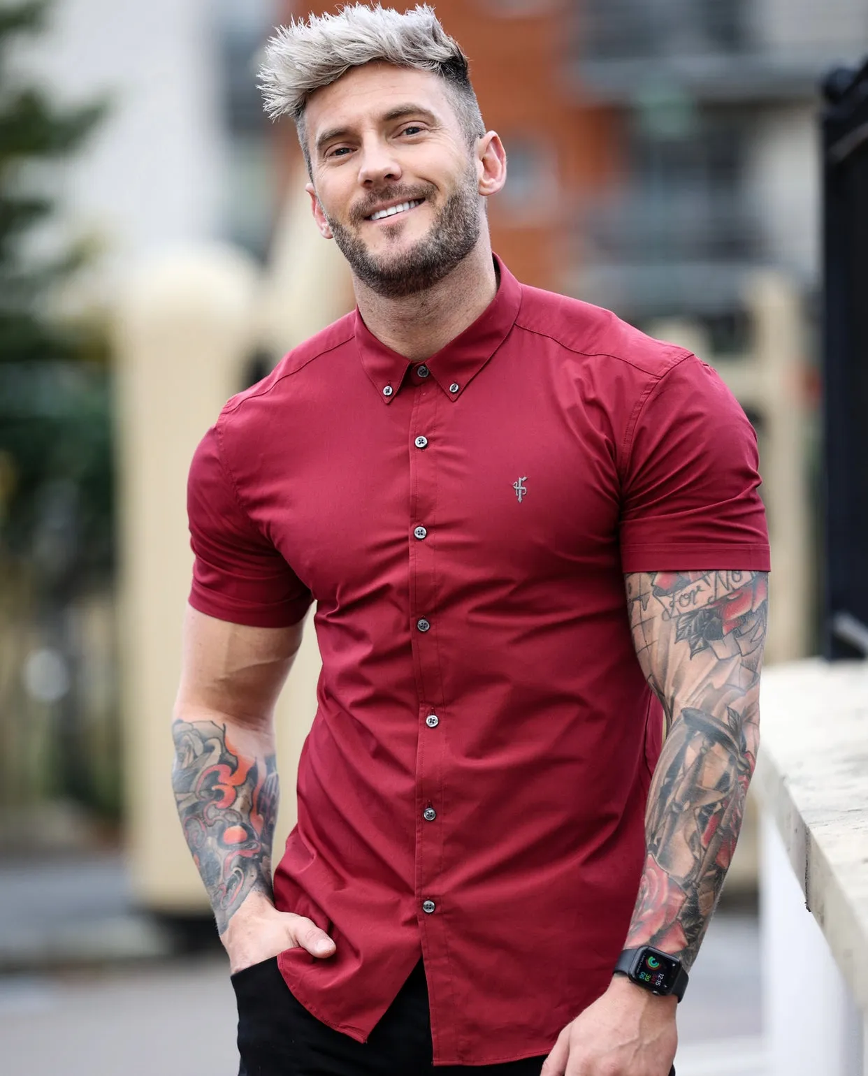 Father Sons Super Slim Stretch Classic Ox Blood Short Sleeve With Button Down Collar - FS820 sold by Father Sons product image thumbnail 3