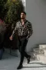 Father Sons Super Slim Stretch Black / Cream Interlinked Square Print Long Sleeve with Button Down Collar - FS850 sold by Father Sons