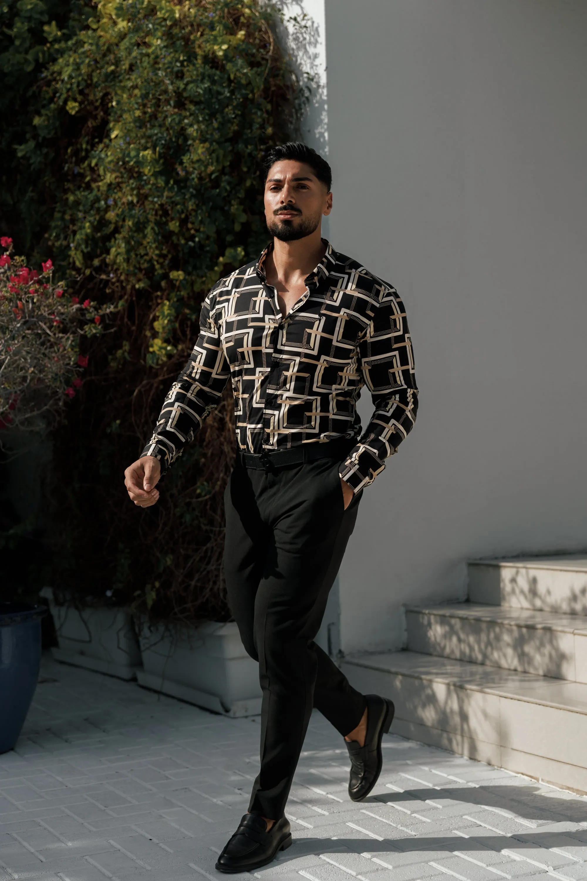 Father Sons Super Slim Stretch Black / Cream Interlinked Square Print Long Sleeve with Button Down Collar - FS850 sold by Father Sons product image thumbnail 3
