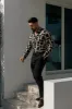 Father Sons Super Slim Stretch Black / Cream Interlinked Square Print Long Sleeve with Button Down Collar - FS850 sold by Father Sons