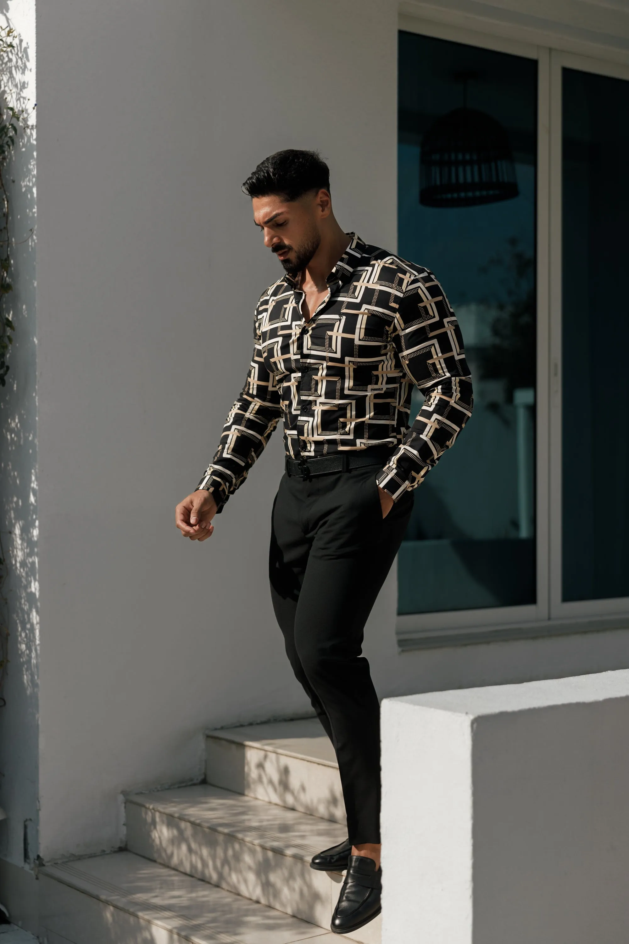 Father Sons Super Slim Stretch Black / Cream Interlinked Square Print Long Sleeve with Button Down Collar - FS850 sold by Father Sons product image thumbnail 4