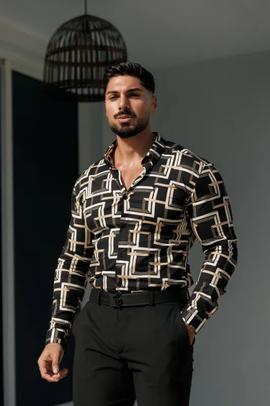 Father Sons Super Slim Stretch Black / Cream Interlinked Square Print Long Sleeve with Button Down Collar - FS850 sold by Father Sons