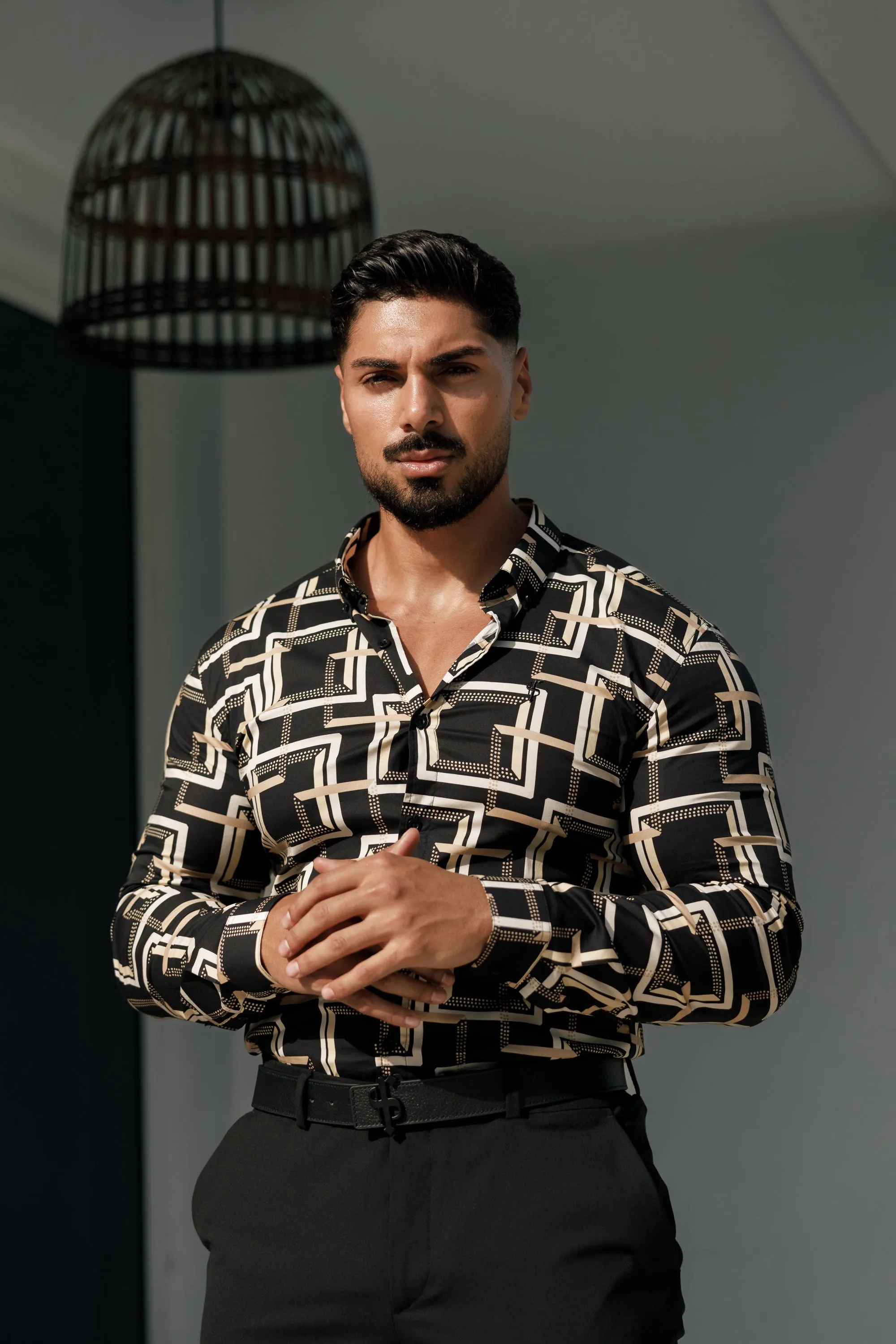 Father Sons Super Slim Stretch Black / Cream Interlinked Square Print Long Sleeve with Button Down Collar - FS850 sold by Father Sons product image thumbnail 2