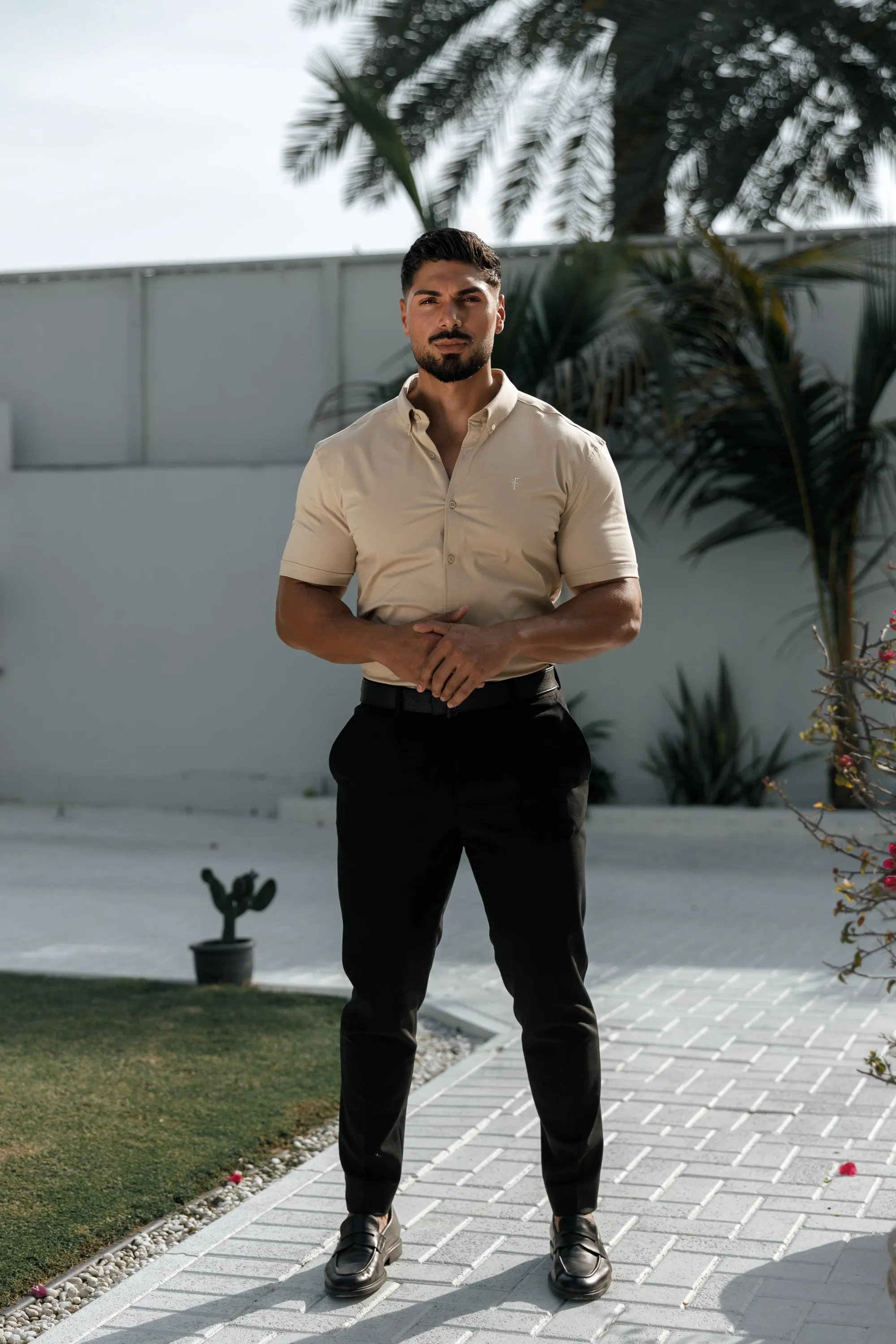 Father Sons Super Slim Stretch Plain Beige Short Sleeve With Button Down Collar - FS982 sold by Father Sons