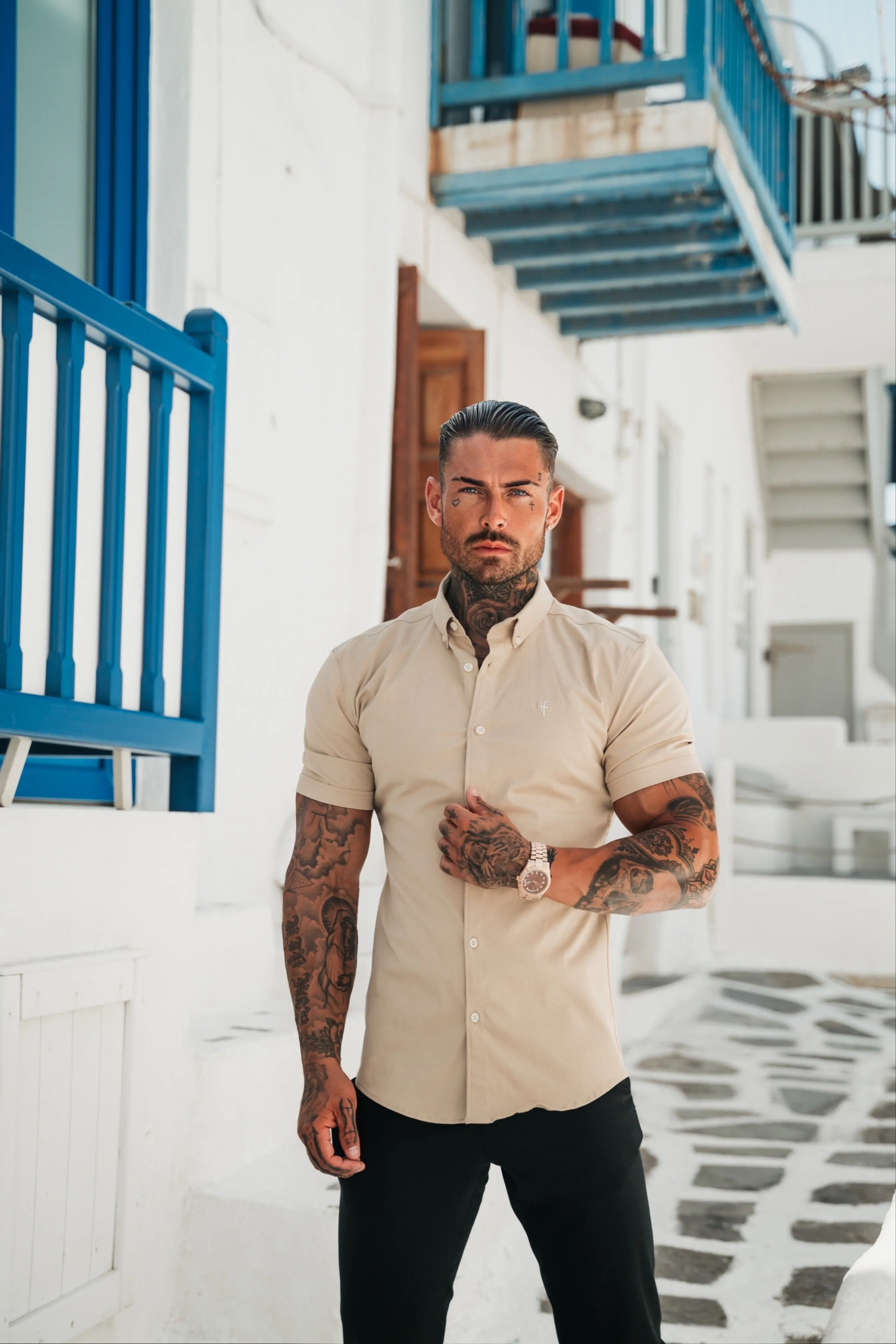 Father Sons Super Slim Stretch Plain Beige Short Sleeve With Button Down Collar - FS982 sold by Father Sons product image thumbnail 2