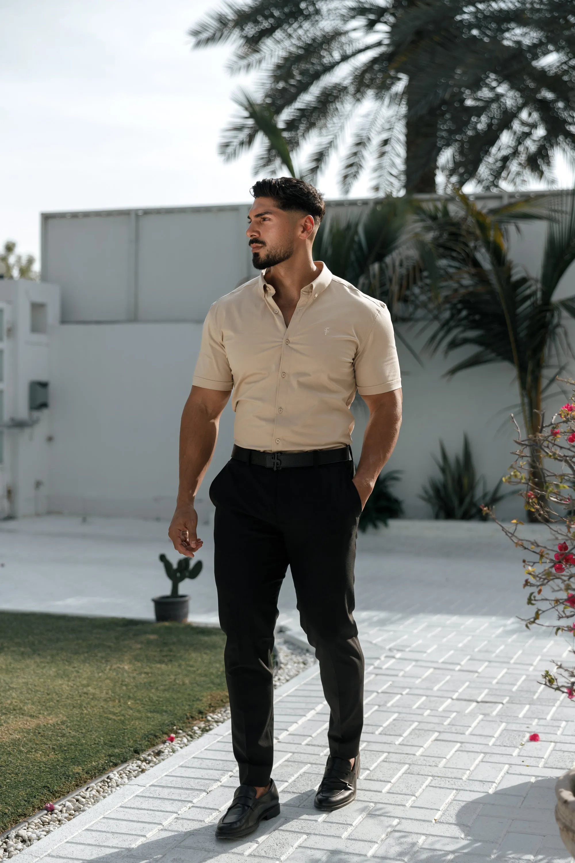 Father Sons Super Slim Stretch Plain Beige Short Sleeve With Button Down Collar - FS982 sold by Father Sons product image thumbnail 3