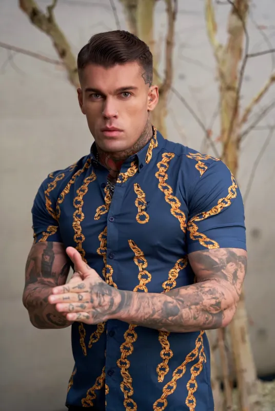 Father Sons Super Slim Stretch Airforce Blue / Gold Chain Print Short Sleeve with Button Down Collar - FS860 sold by Father Sons