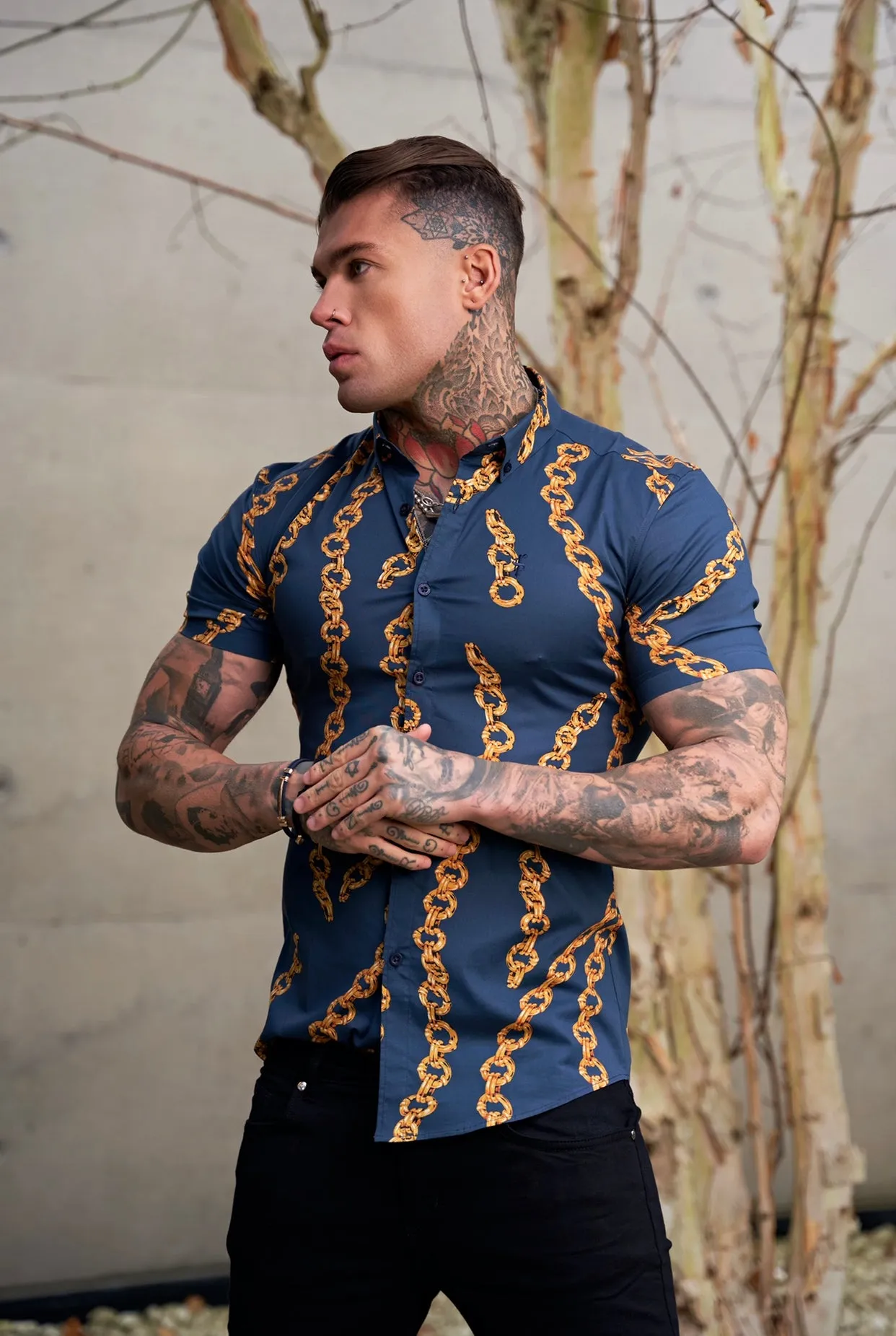 Super Slim Stretch Airforce Blue / Gold Chain Print Short Sleeve with Button Down Collar - FS860 sold by Father Sons product image thumbnail 3