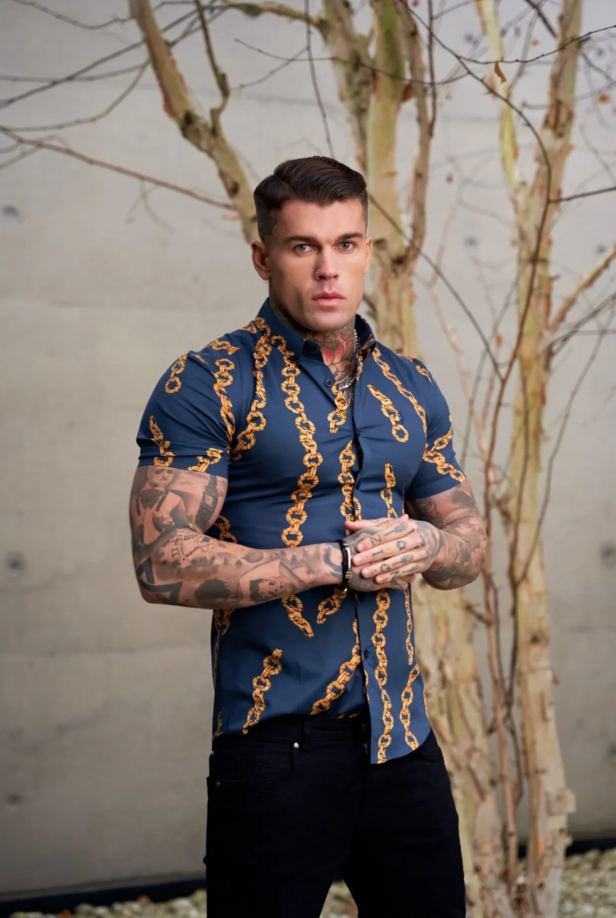 Super Slim Stretch Airforce Blue / Gold Chain Print Short Sleeve with Button Down Collar - FS860 sold by Father Sons product image thumbnail 5