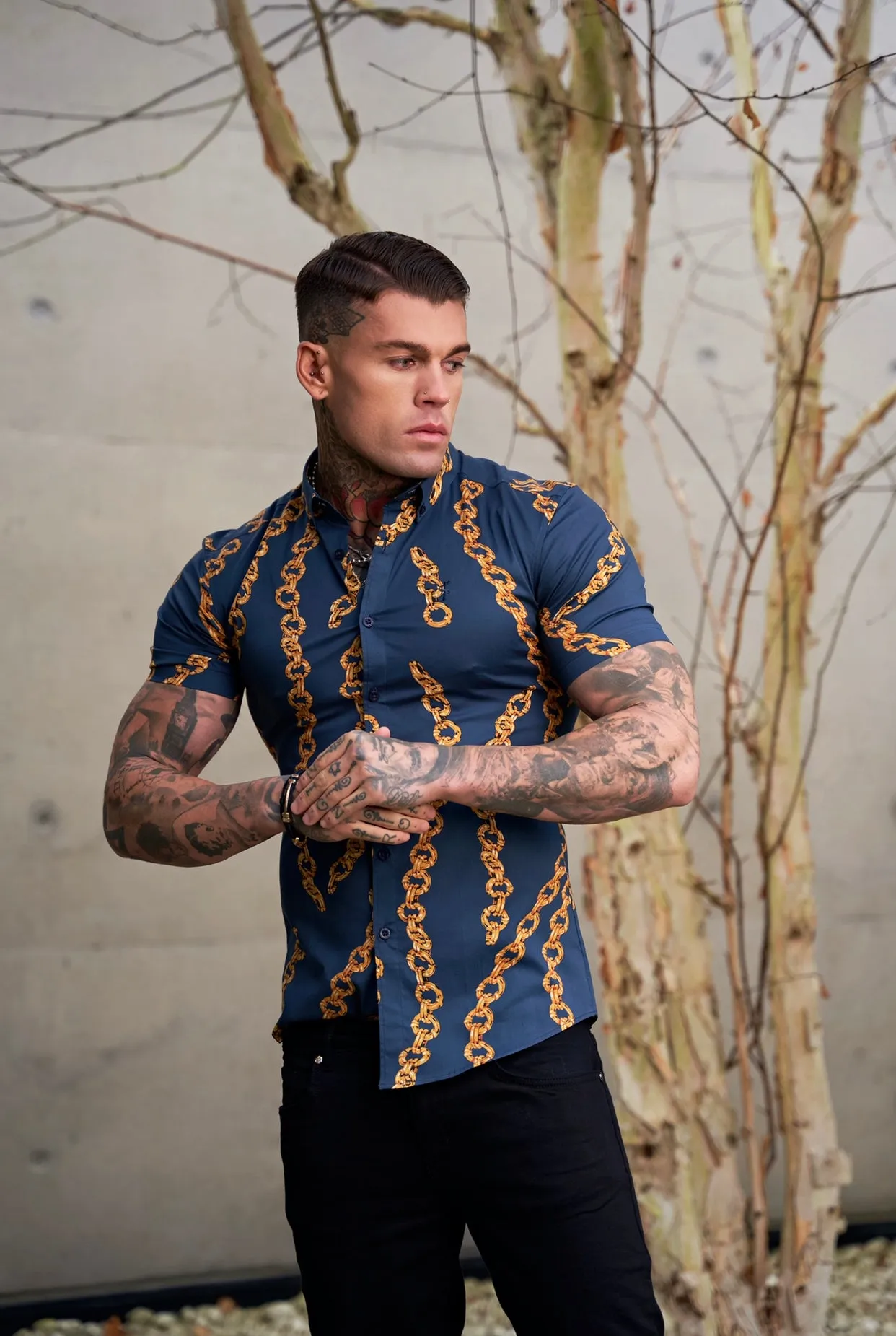 Super Slim Stretch Airforce Blue / Gold Chain Print Short Sleeve with Button Down Collar - FS860 sold by Father Sons product image thumbnail 2