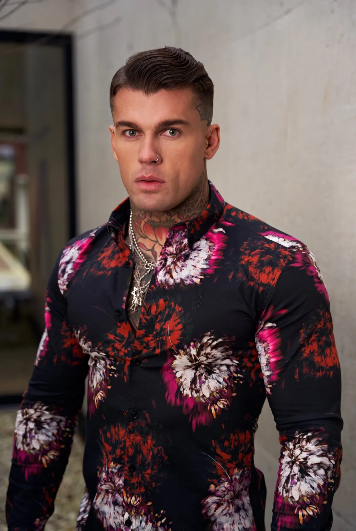 Father Sons Super Slim Stretch Black with Red / Pink Blurred Flower Print Long Sleeve with Button Down Collar - FS844 sold by Father Sons product image thumbnail 2