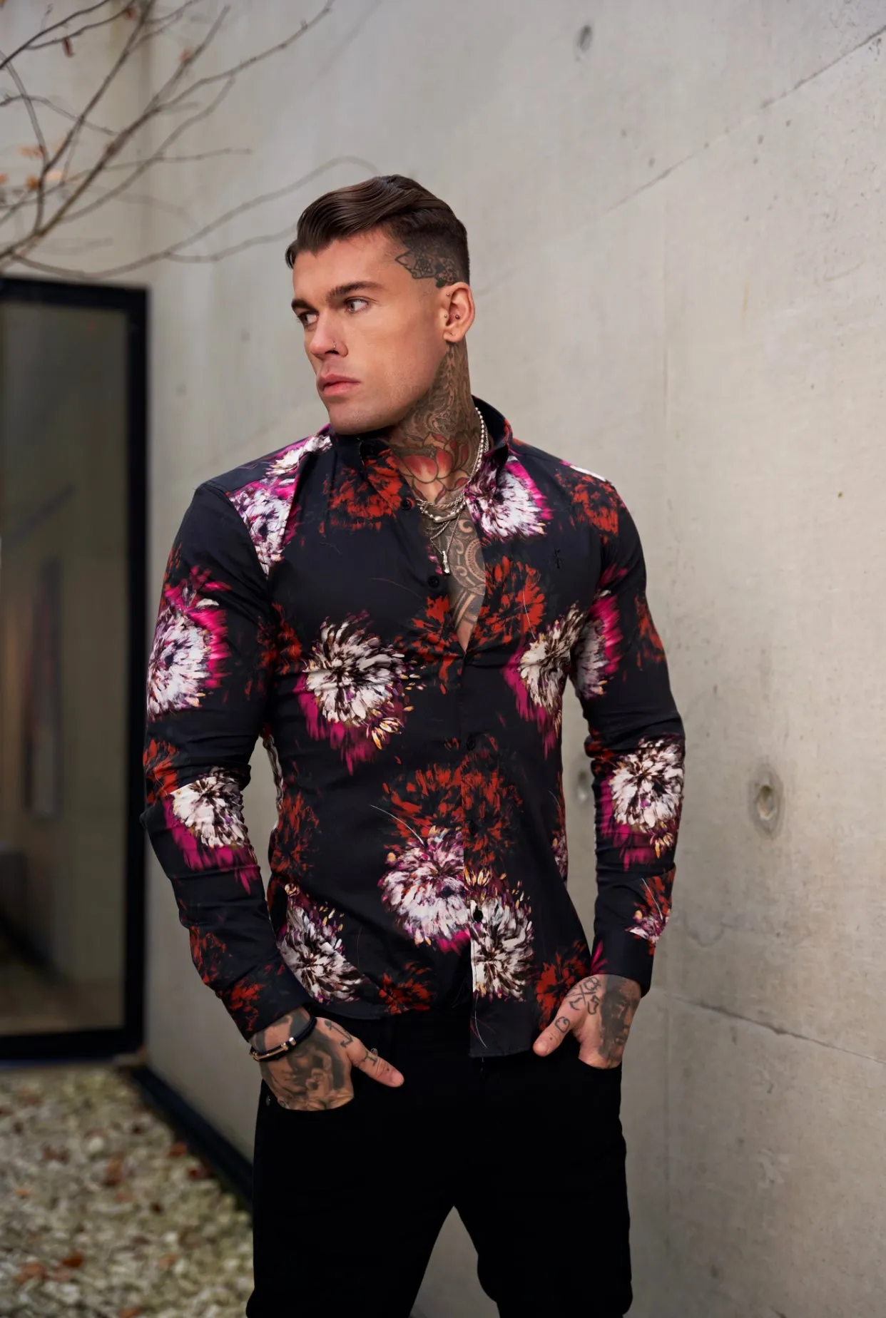 Father Sons Super Slim Stretch Black with Red / Pink Blurred Flower Print Long Sleeve with Button Down Collar - FS844 sold by Father Sons product image thumbnail 3