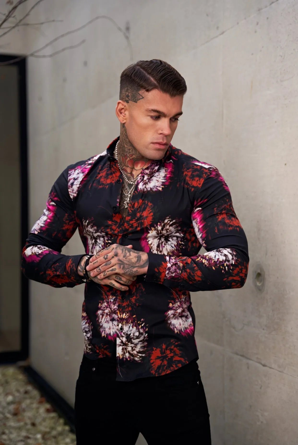 Father Sons Super Slim Stretch Black with Red / Pink Blurred Flower Print Long Sleeve with Button Down Collar - FS844 sold by Father Sons product image thumbnail 4