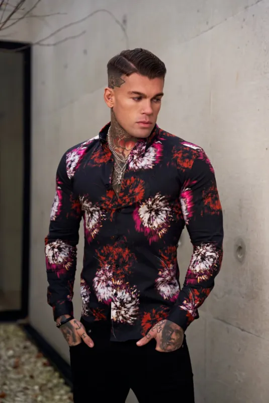 Father Sons Super Slim Stretch Black with Red / Pink Blurred Flower Print Long Sleeve with Button Down Collar - FS844 sold by Father Sons