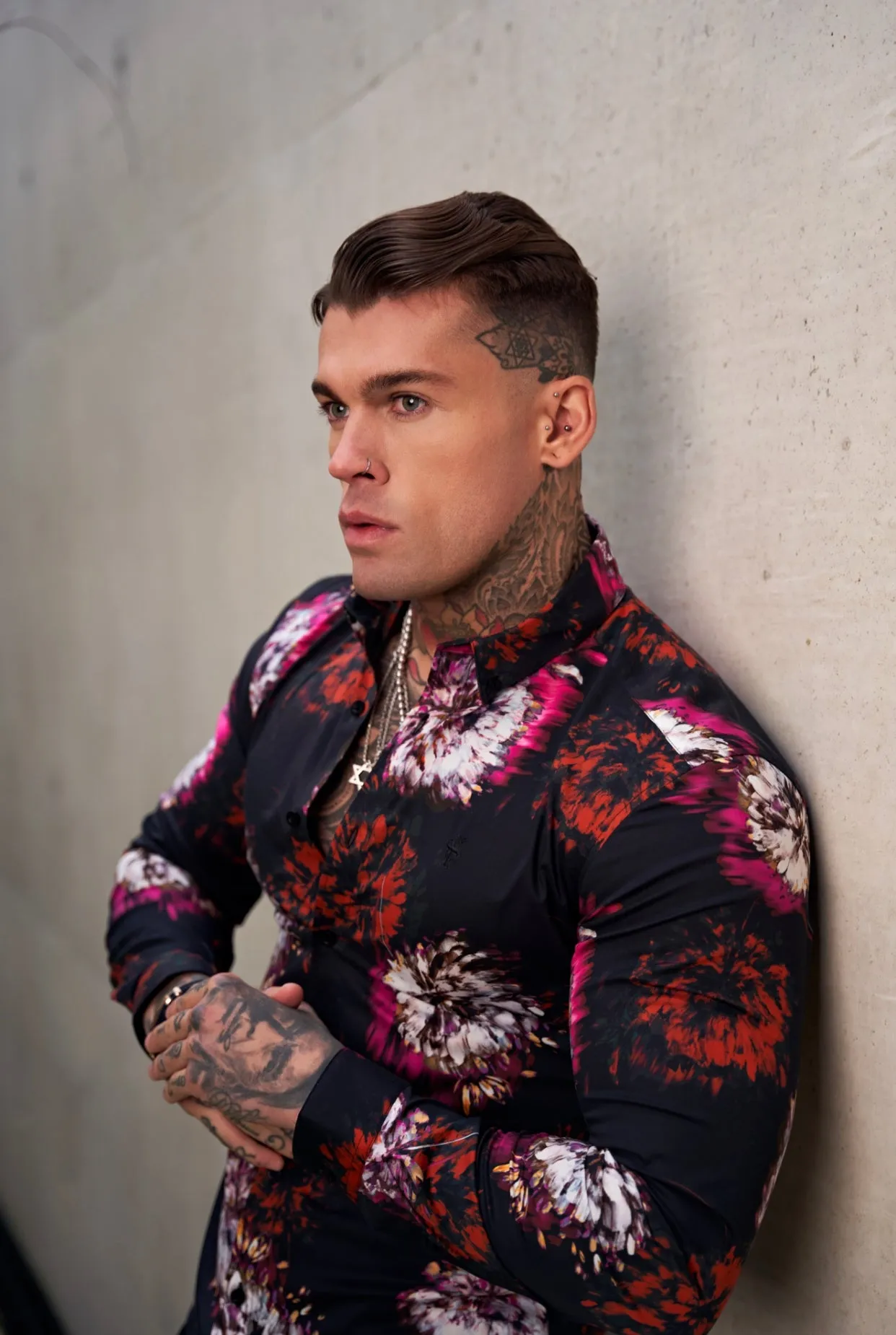 Father Sons Super Slim Stretch Black with Red / Pink Blurred Flower Print Long Sleeve with Button Down Collar - FS844 sold by Father Sons product image thumbnail 5