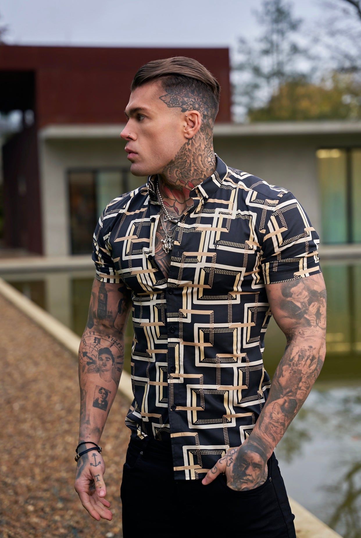 Father Sons Super Slim Stretch Black / Cream Interlinked Square Print Short Sleeve with Button Down Collar - FS851 sold by Father Sons