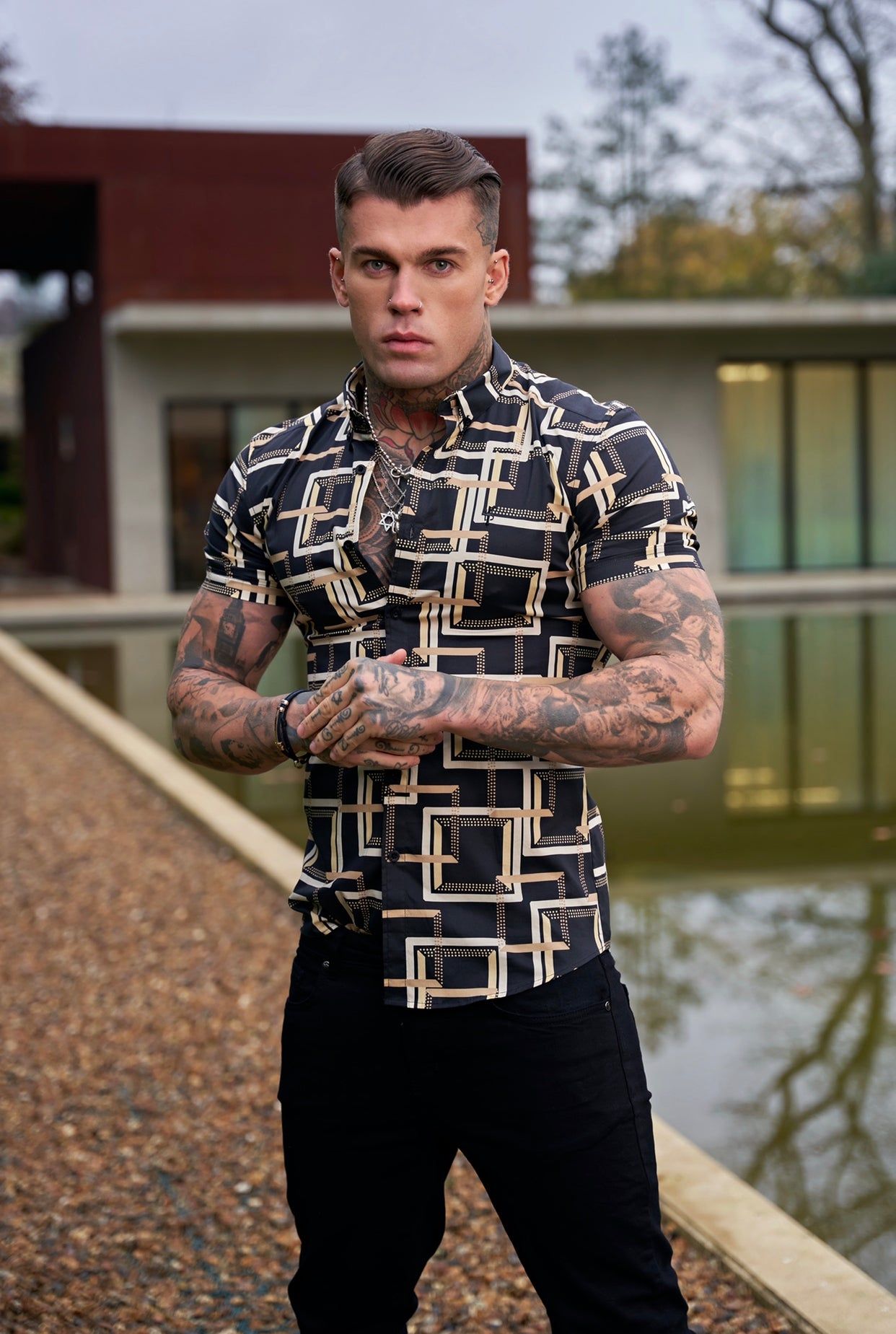 Father Sons Super Slim Stretch Black / Cream Interlinked Square Print Short Sleeve with Button Down Collar - FS851 sold by Father Sons product image thumbnail 3