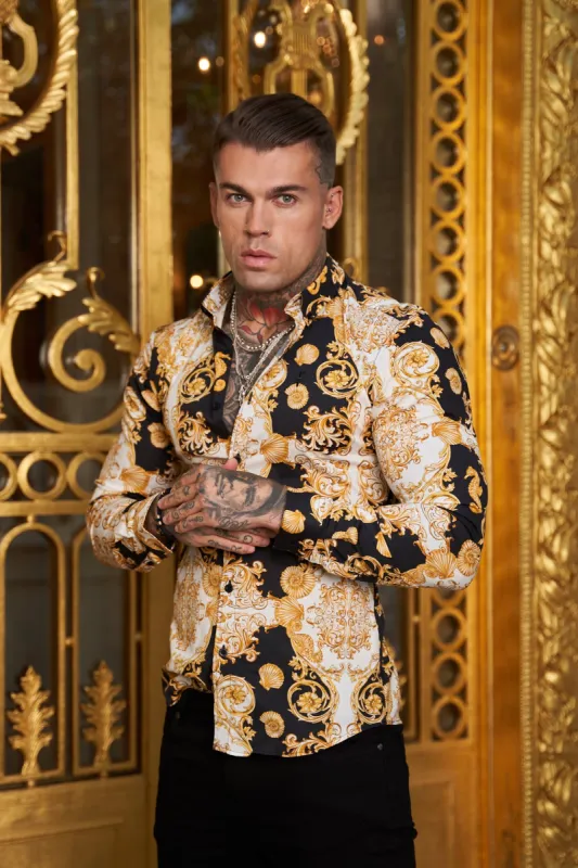 Father Sons Super Slim Stretch Black Gold Shell Print Long Sleeve with Button Down Collar - FS773 sold by Father Sons