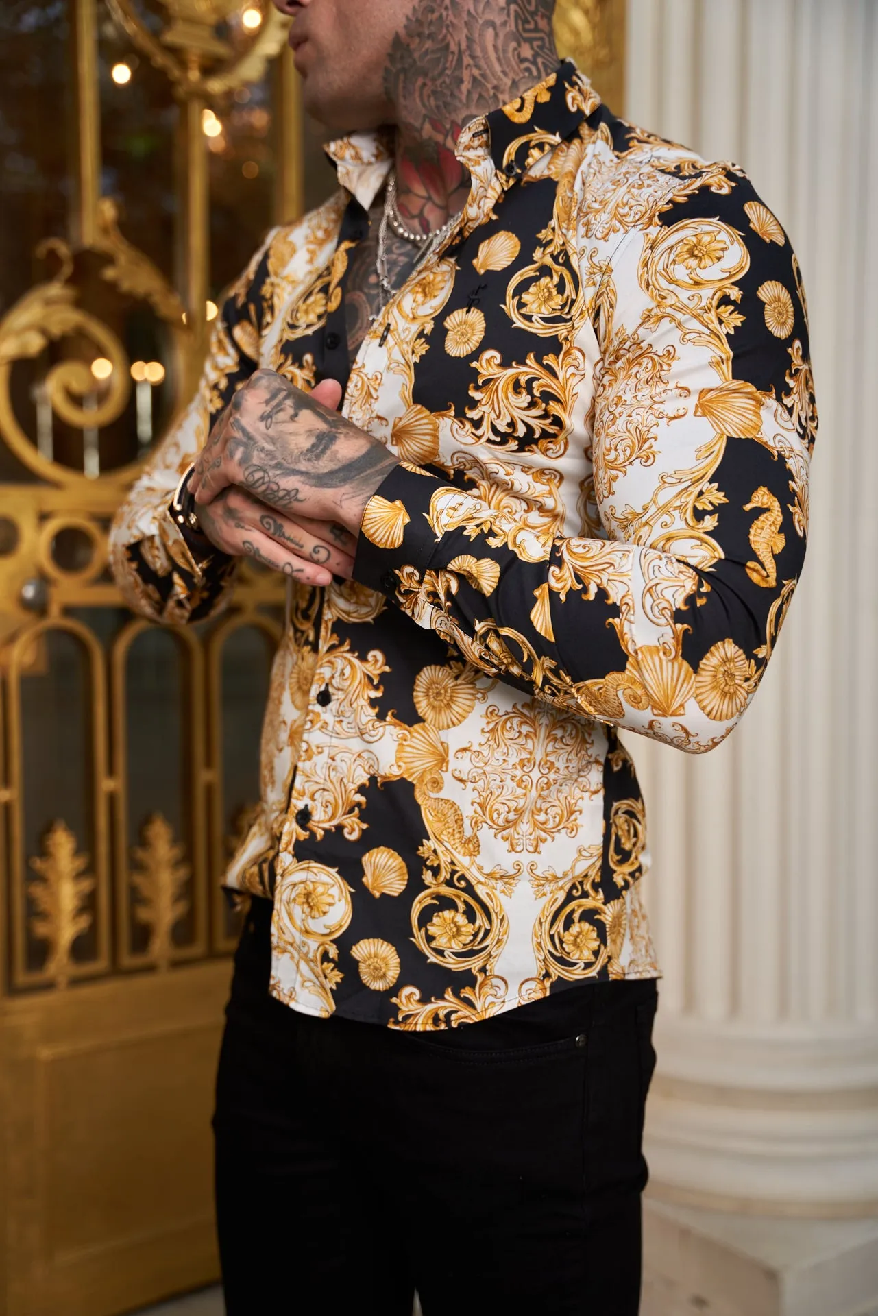 Father Sons Super Slim Stretch Black Gold Shell Print Long Sleeve with Button Down Collar - FS773 sold by Father Sons product image thumbnail 5